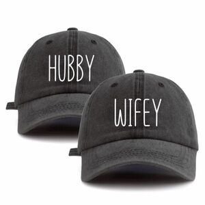 2 Pack Set Vintage Washed Baseball Cap - Matching "HUBBY" & "WIFEY"